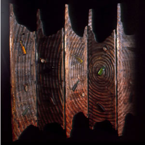 spruce screen with beer bottles, leather and flint